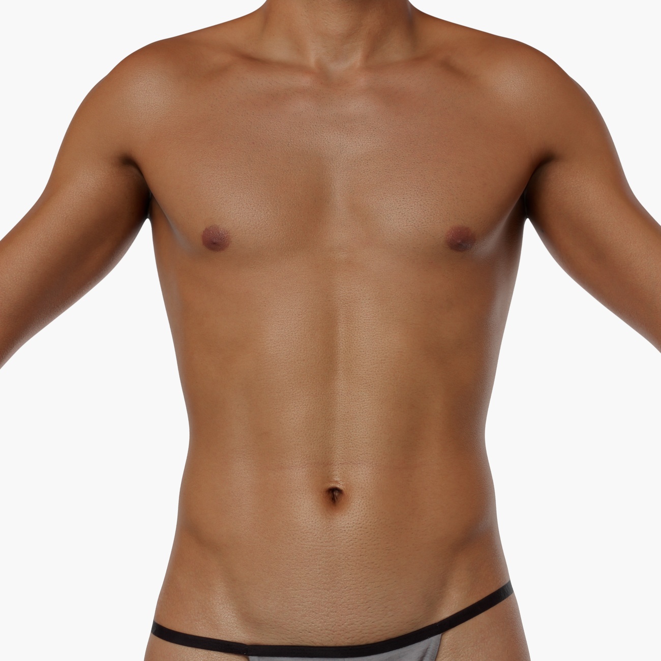 Close-up torso render of a lean male 3D body scan showing chest and abdominal surface detail from photogrammetry capture